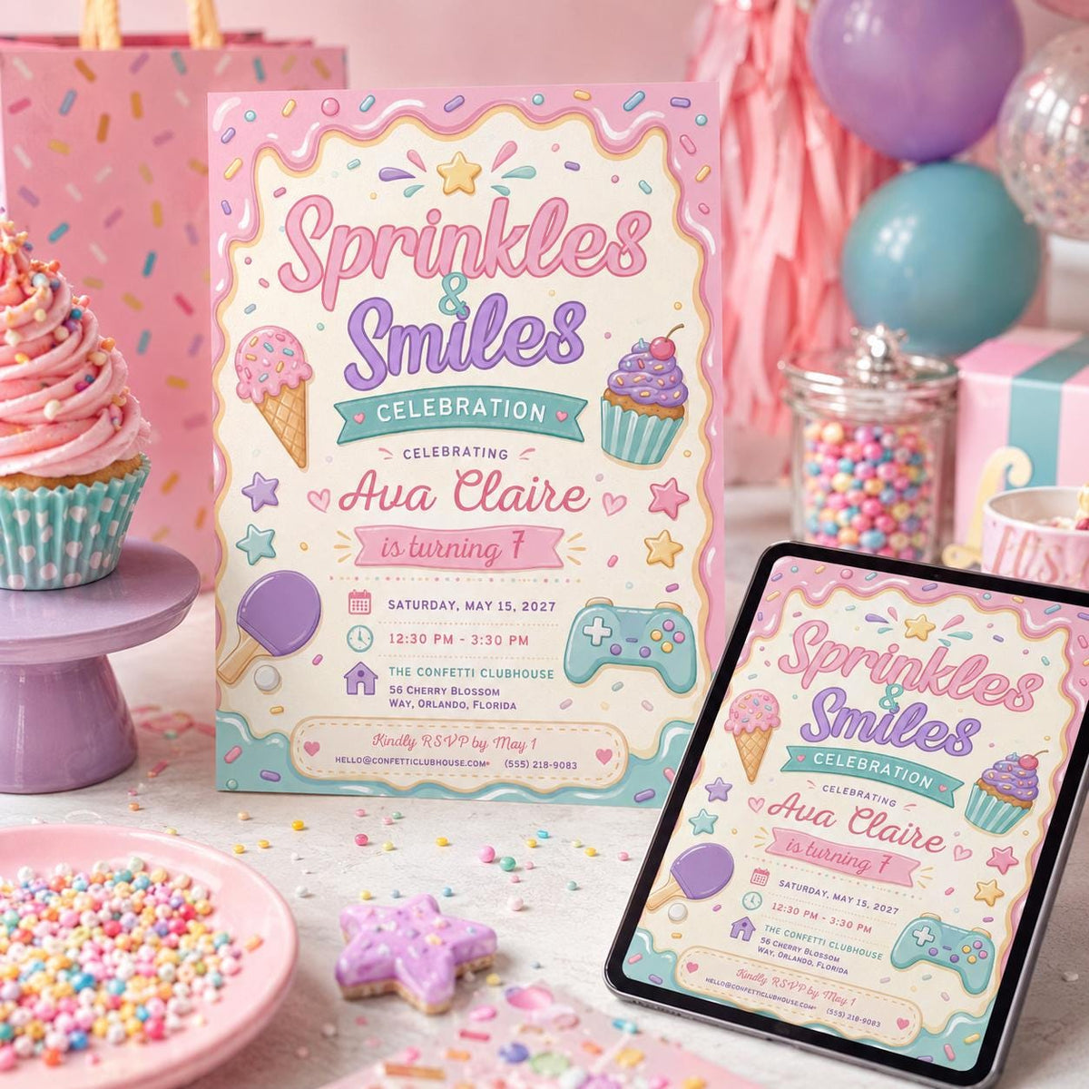 Cream Pastel Sweet Shop Birthday Invitation for Girls — digital invitation, instant download