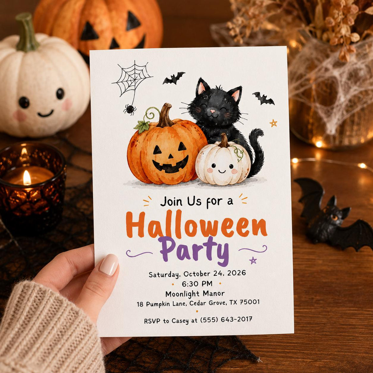 Cute Pumpkin and Black Cat Kids Halloween Party Invitation — Halloween party stationery by VoltBy