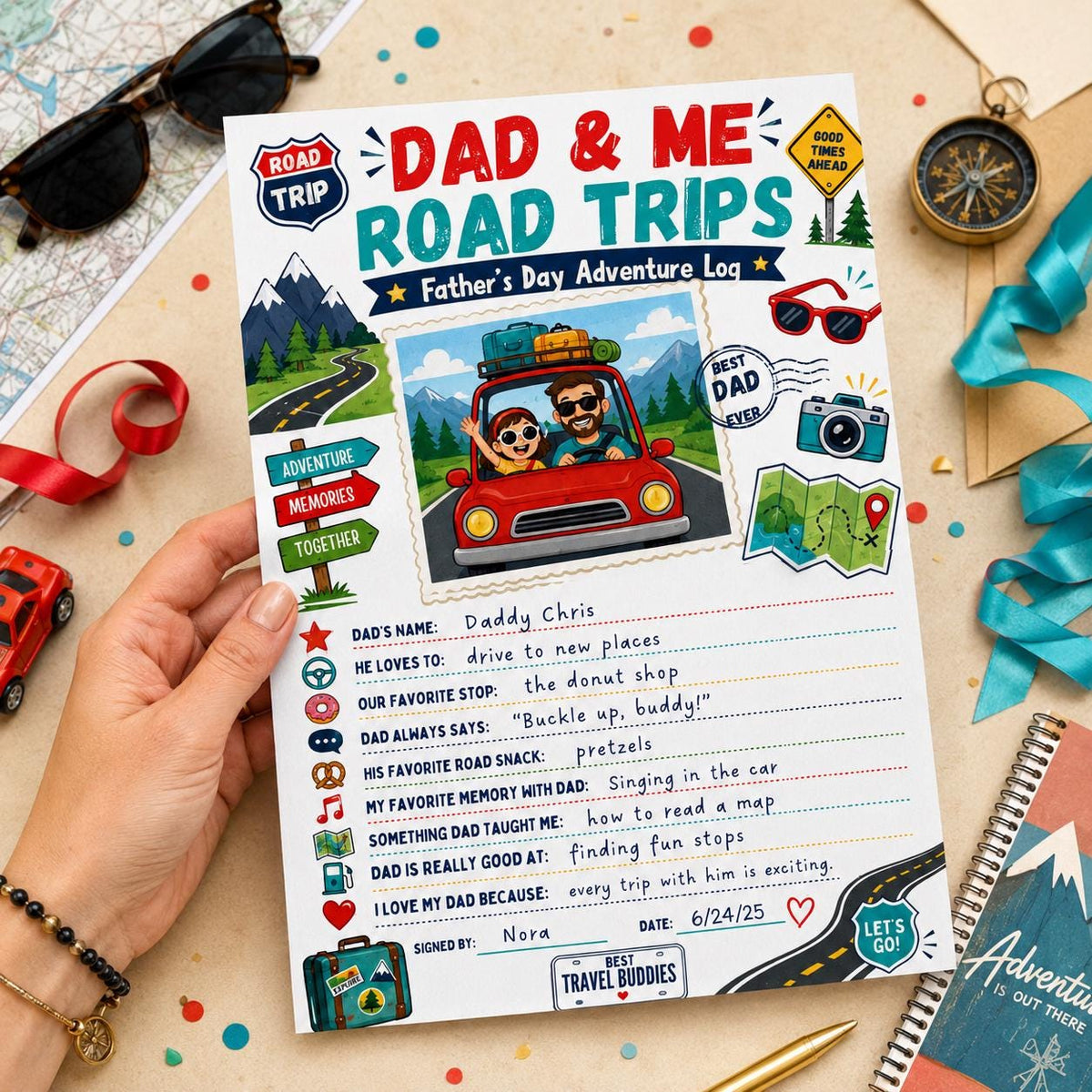 Dad and Me Road Trips Father's Day Worksheet — mountains travel artwork in blue red