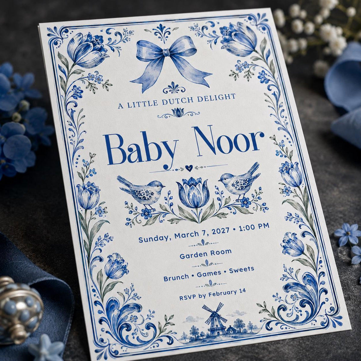 Delft Blue Floral Baby Shower Invitation — baby shower stationery by VoltBy