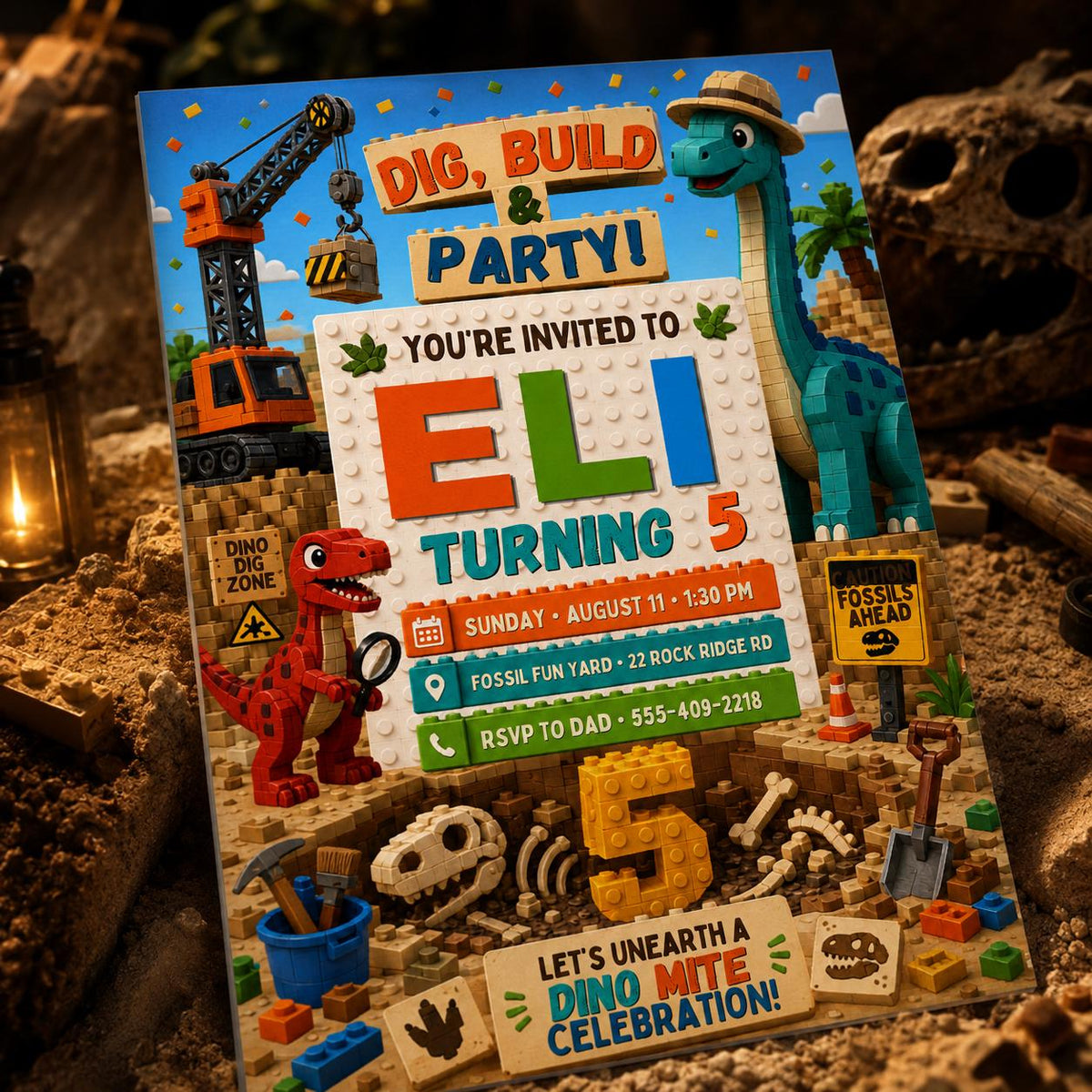 Dino Dig Building Block 5th Birthday Invitation — printable invitation from VoltBy