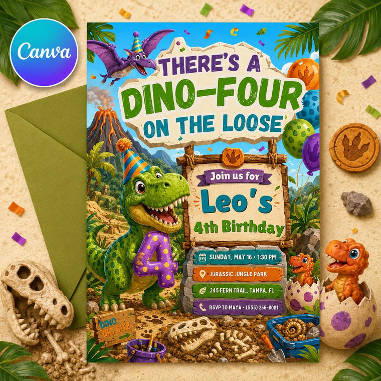 Dino-Four on the Loose Birthday Invitation