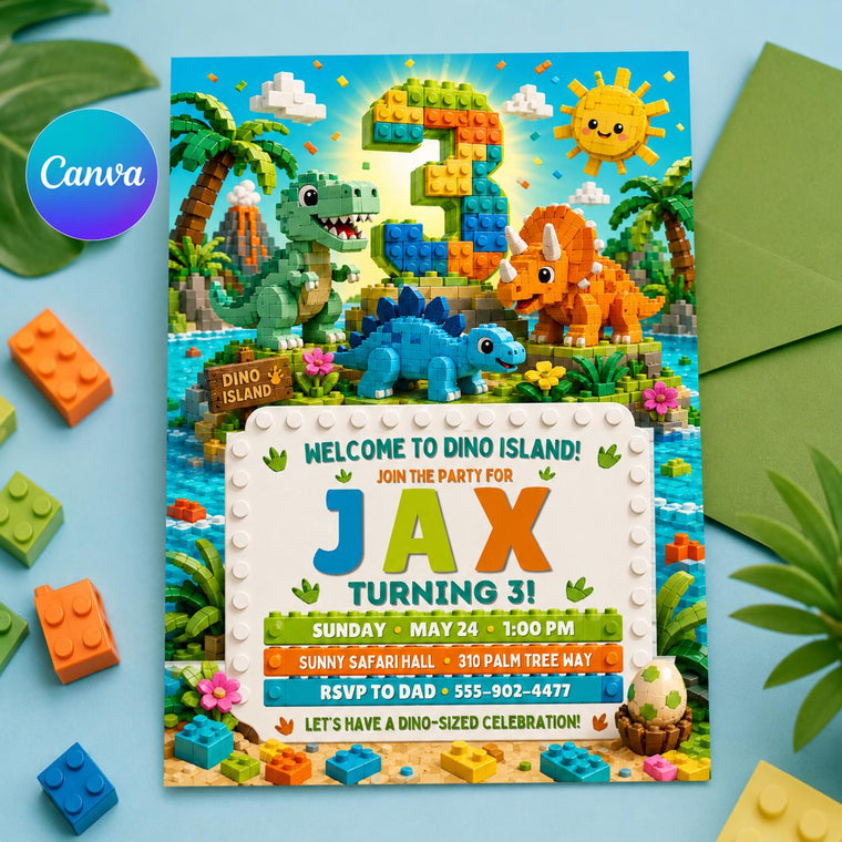 Dino Island Building Block 3rd Birthday Invitation