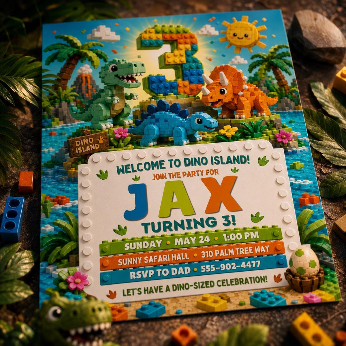 Dino Island Building Block 3rd Birthday Invitation — printable invitation from VoltBy