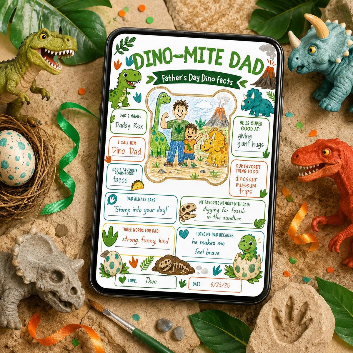 Dino-Mite Dad Father's Day Interview Worksheet — dinosaur artwork in cream and green