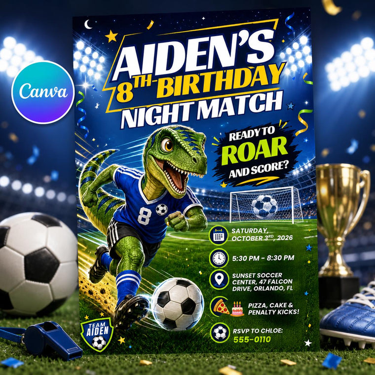 Dino Soccer 8th Birthday Invitation