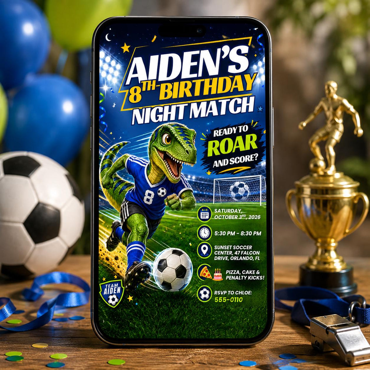 Dino Soccer 8th Birthday Invitation — digital invitation, instant download