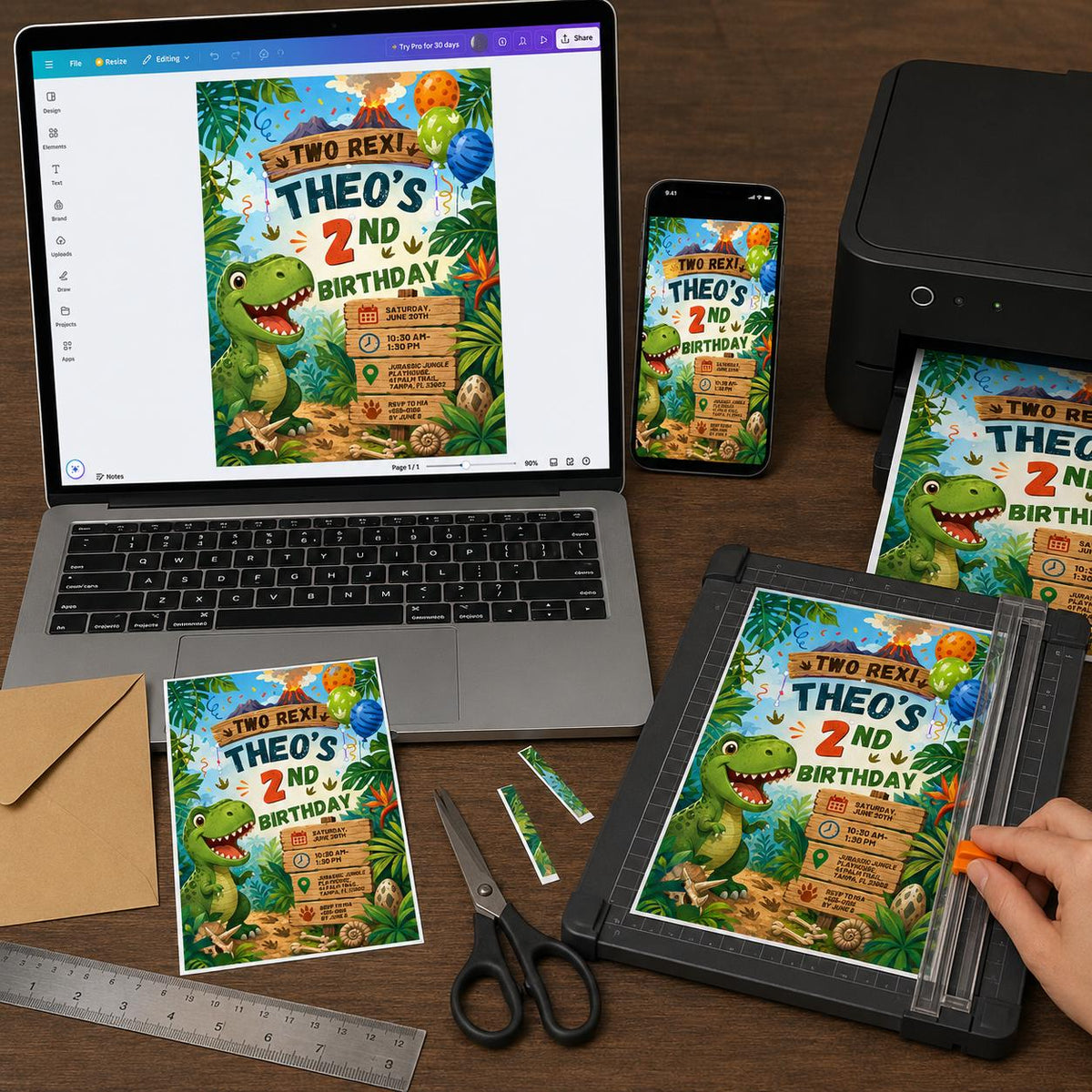 Dinosaur 2nd Birthday Invitation: Two Rex Jungle Party — invitation you personalize in Canva