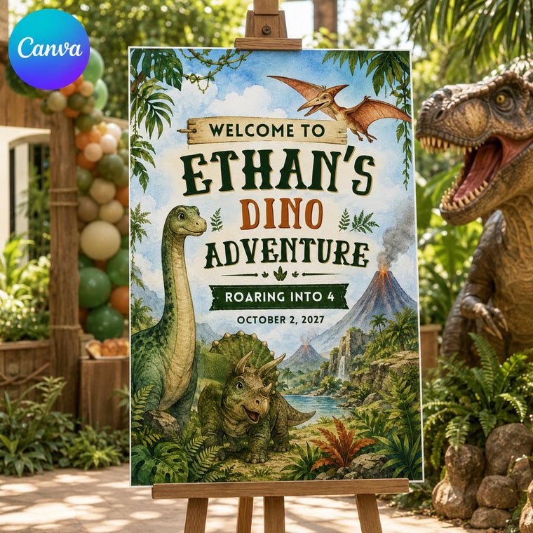 Dinosaur Birthday Welcome Sign: Roaring Into 4 Dino Adventure Poster