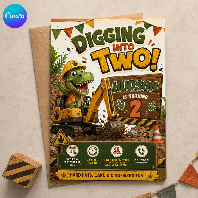 Dinosaur Digging Into Two Birthday Invitation