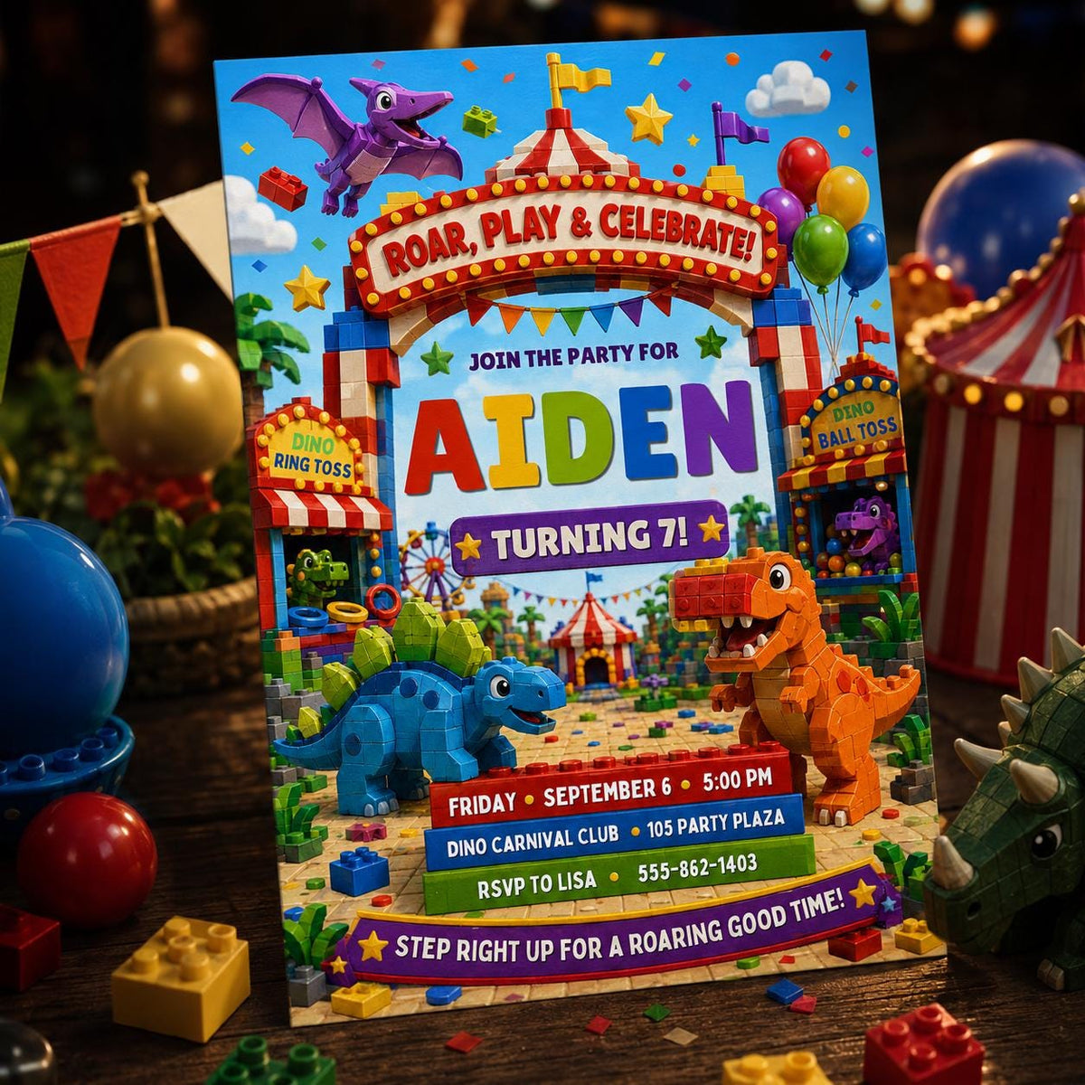 Dinosaur Dino Carnival 3rd Birthday Invitation for Boys — 3rd birthday party stationery by VoltBy