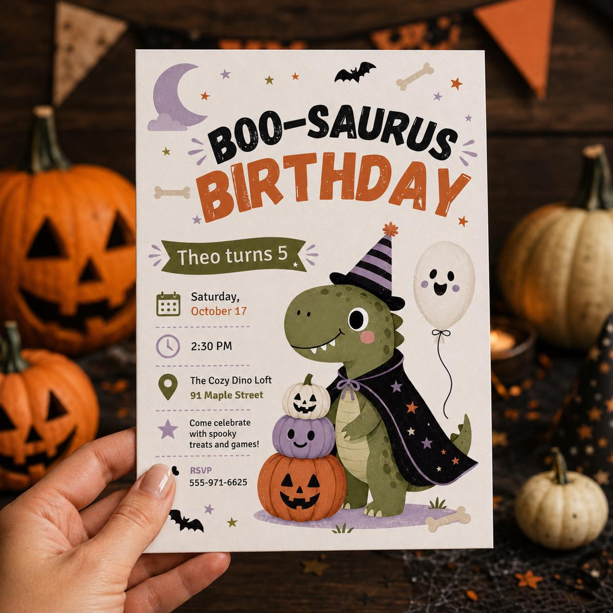 Dinosaur Halloween 5th Birthday Invitation: Boo-Saurus 5th Birthday Party — digital invitation, instant download
