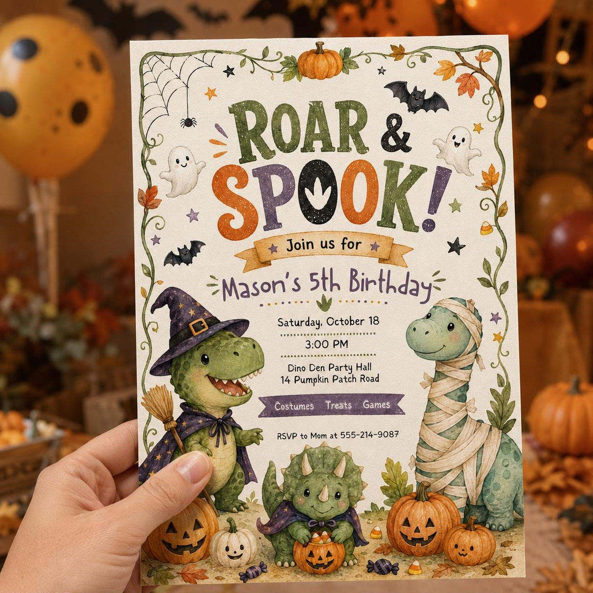 Dinosaur Halloween 5th Birthday Invitation: Roar and Spook Dino Party — 5th birthday party stationery by VoltBy