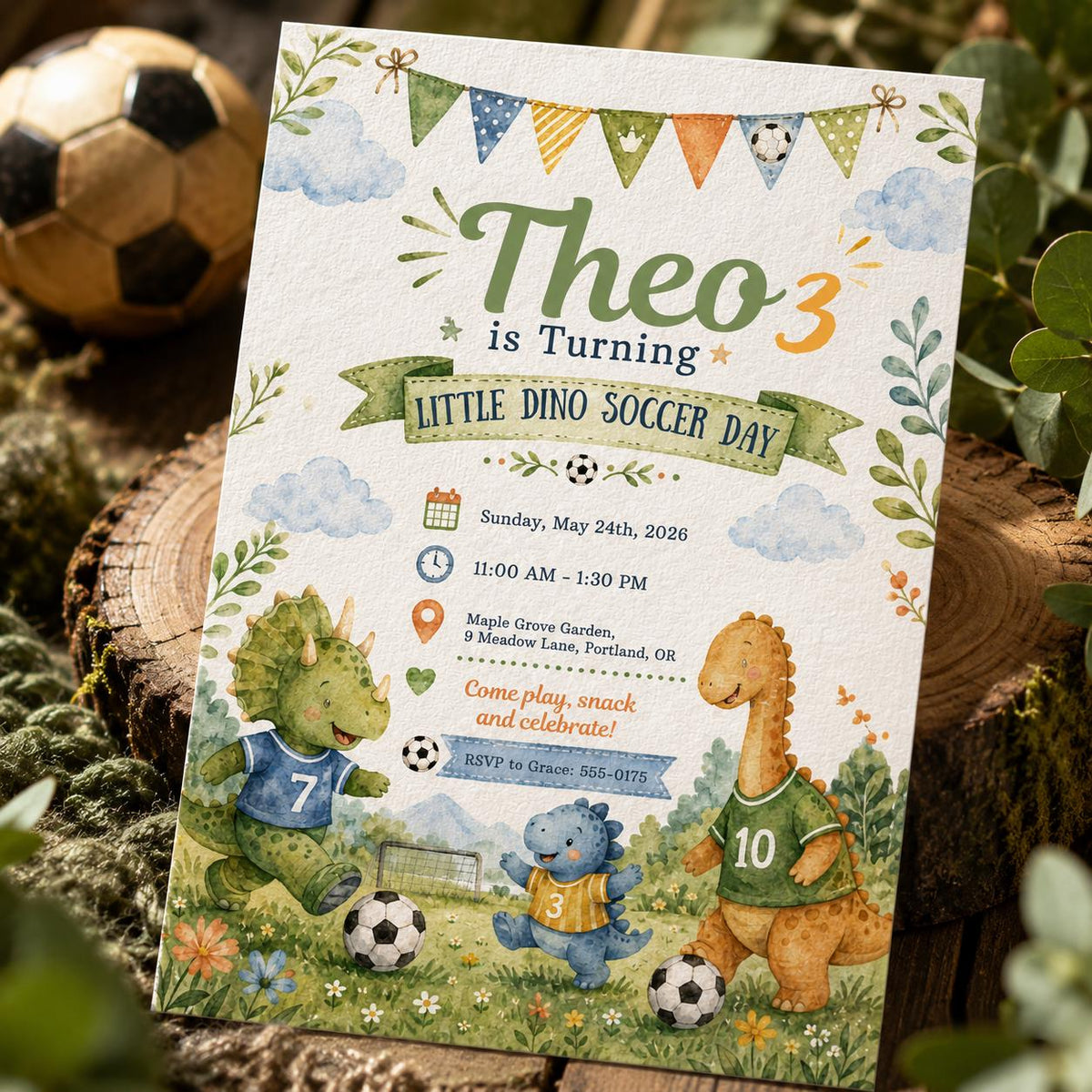 Dinosaur Little Dino Soccer Day 3rd Birthday Invitation — 3rd birthday party stationery by VoltBy