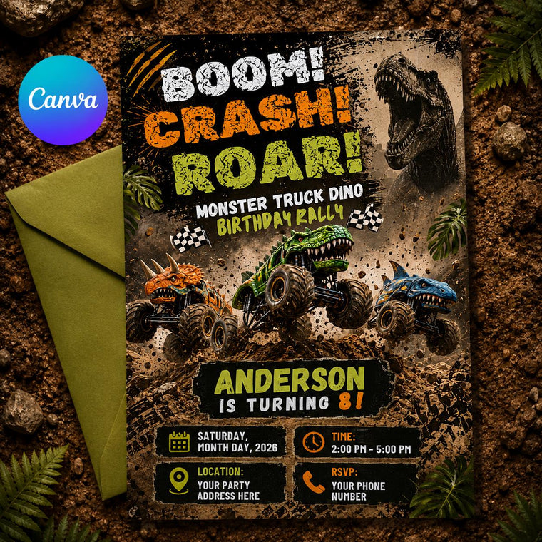 Dinosaur Monster Truck 3rd Birthday Invitation: Dino Rally Party