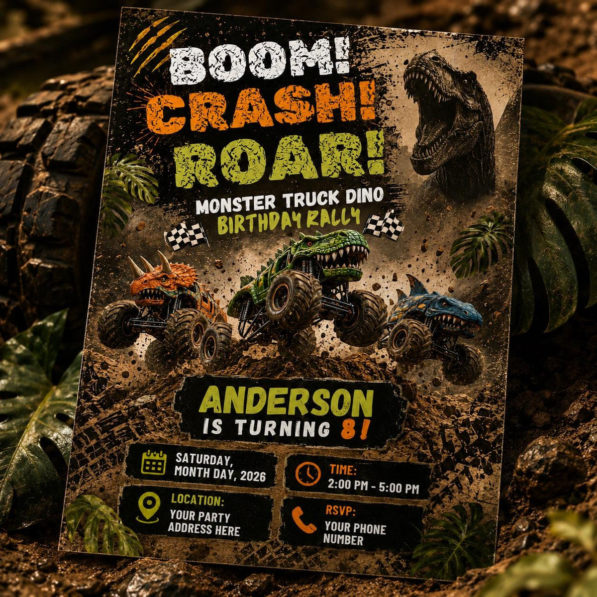 Dinosaur Monster Truck 3rd Birthday Invitation: Dino Rally Party — 3rd birthday party stationery by VoltBy