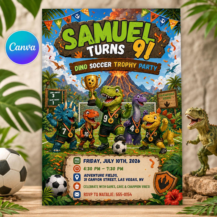 Dinosaur Soccer Birthday Invitation