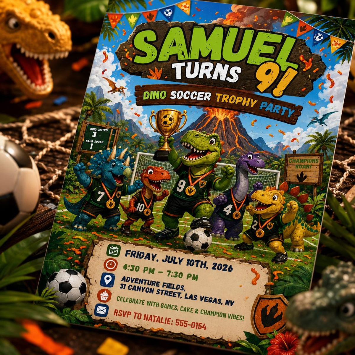 Dinosaur Soccer Birthday Invitation — birthday party stationery by VoltBy