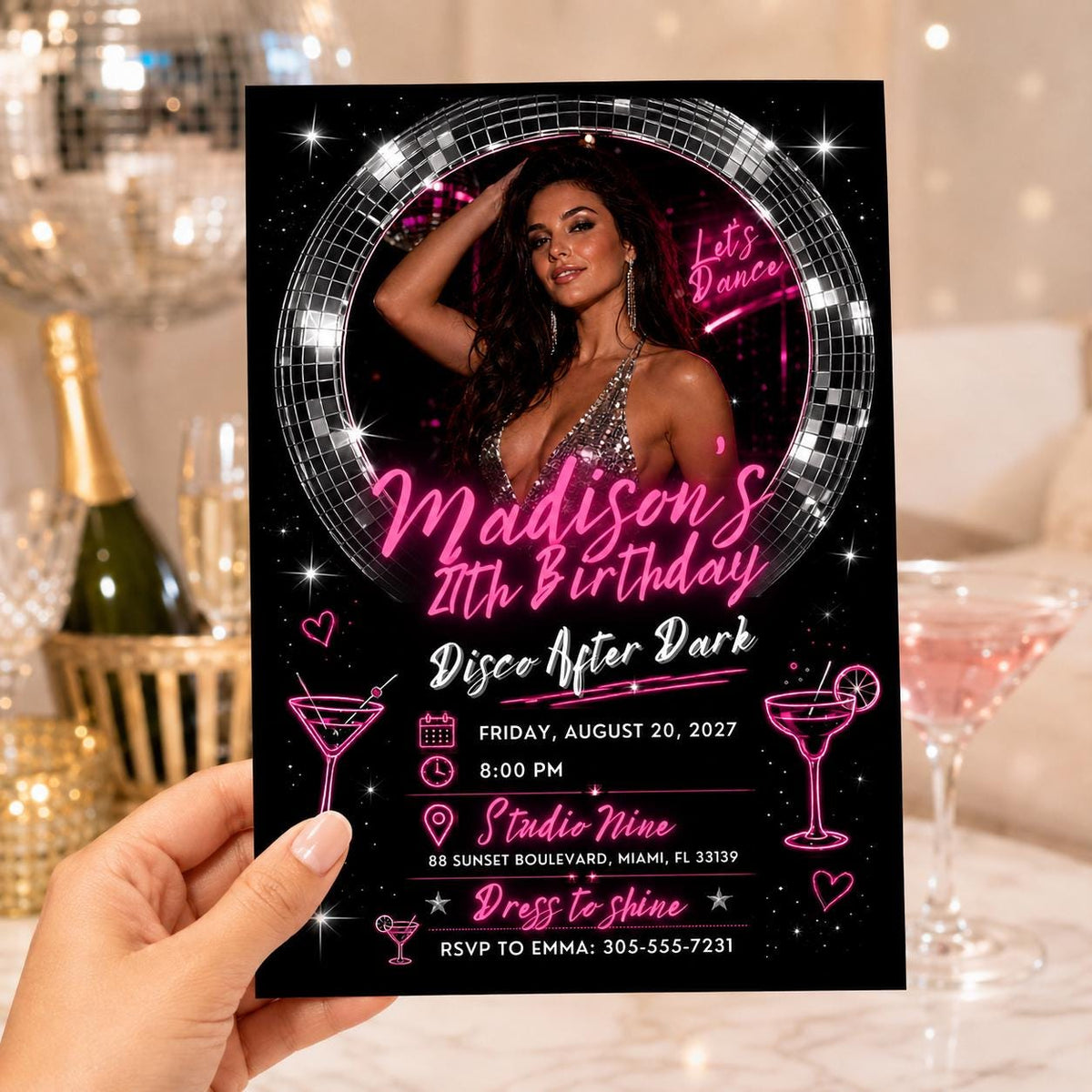 Disco After Dark 24th Birthday Photo Invitation — cocktail and ball artwork in black and pink