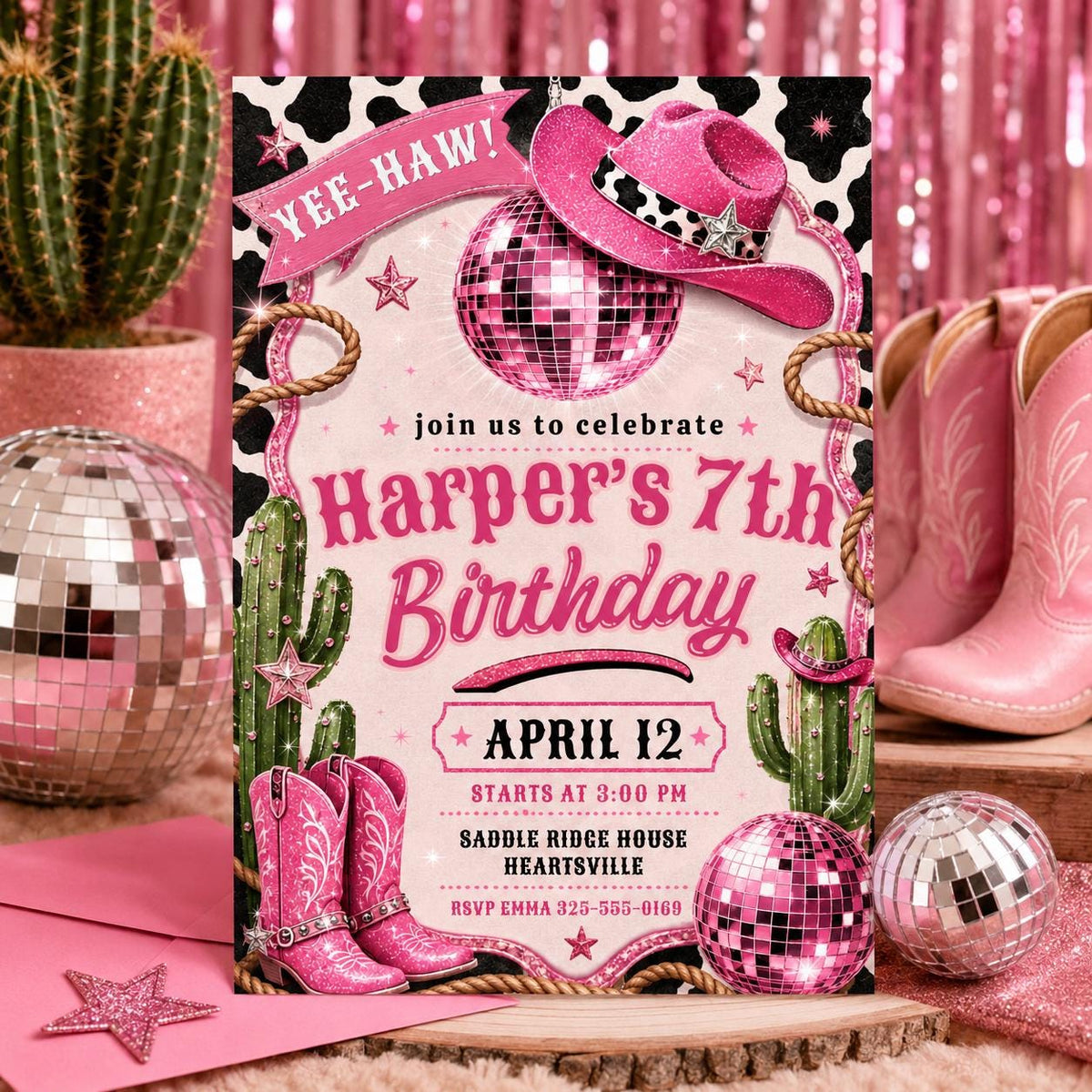 Disco Cowgirl 7th Birthday Invitation with Cow Print — cowboy artwork in black and pink