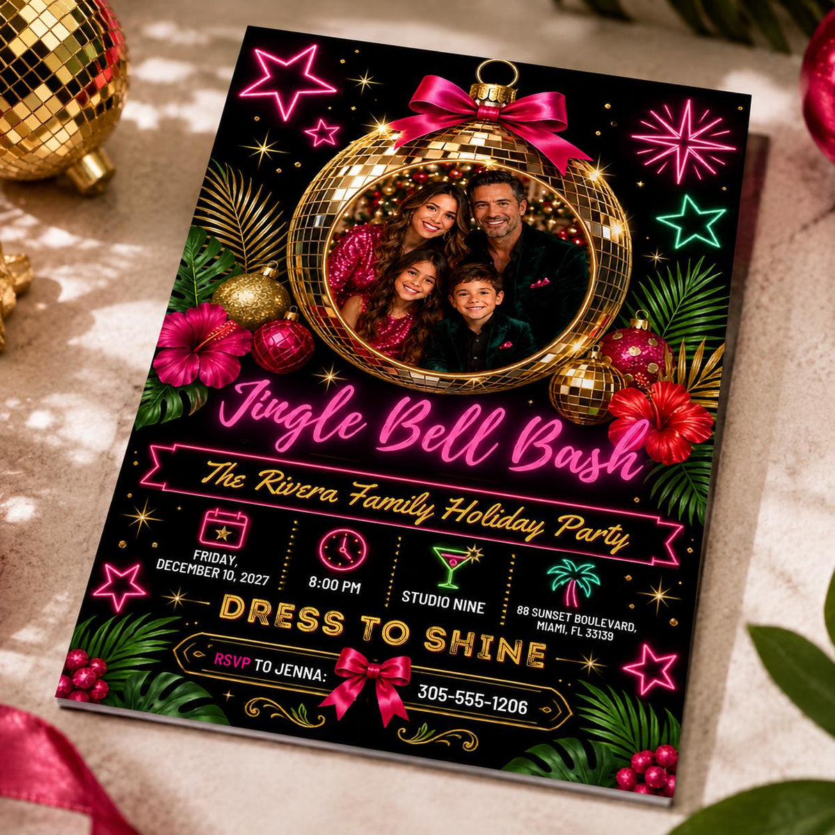 Disco Neon Christmas Party Invitation — digital invitation, instant download
