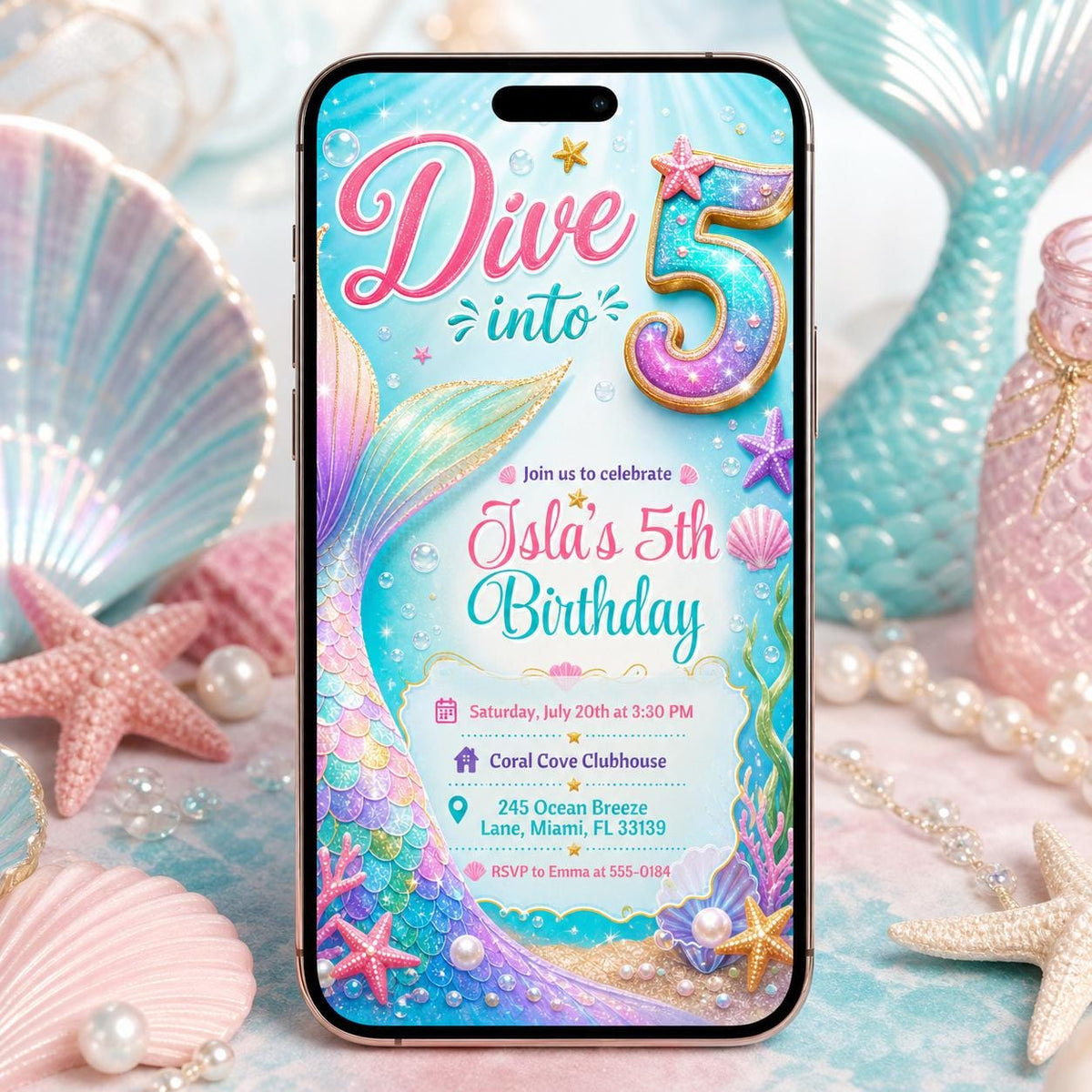 Dive into Five Mermaid Tail Birthday Invitation — sparkle artwork in gold and pink