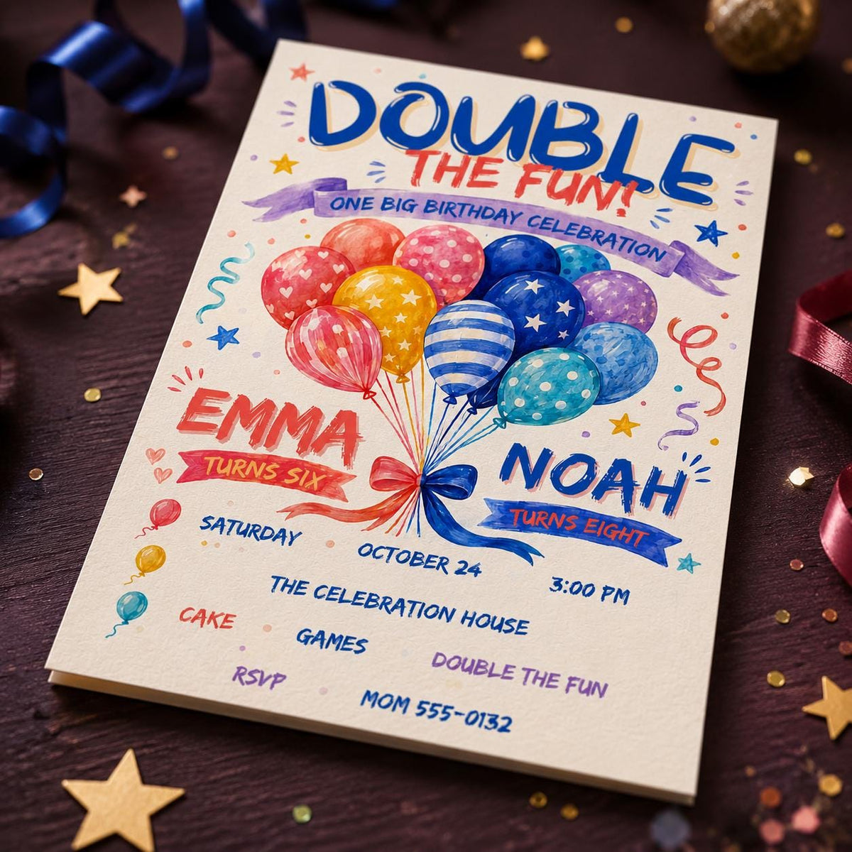 Double Birthday Invitation — birthday party stationery by VoltBy
