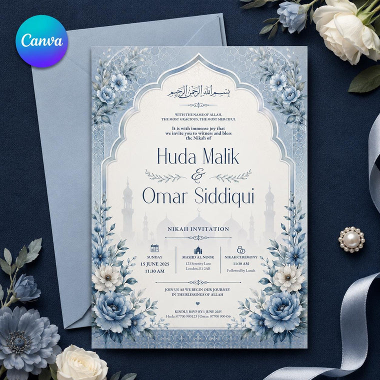 Dusty Blue Floral Nikah Invitation