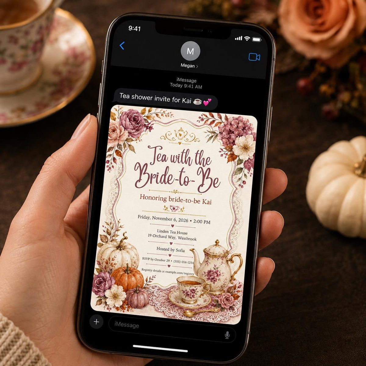 Tea Party Bridal Shower Invitation, Tea with the Bride Fall Floral High Tea Invite, Editable Canva Template