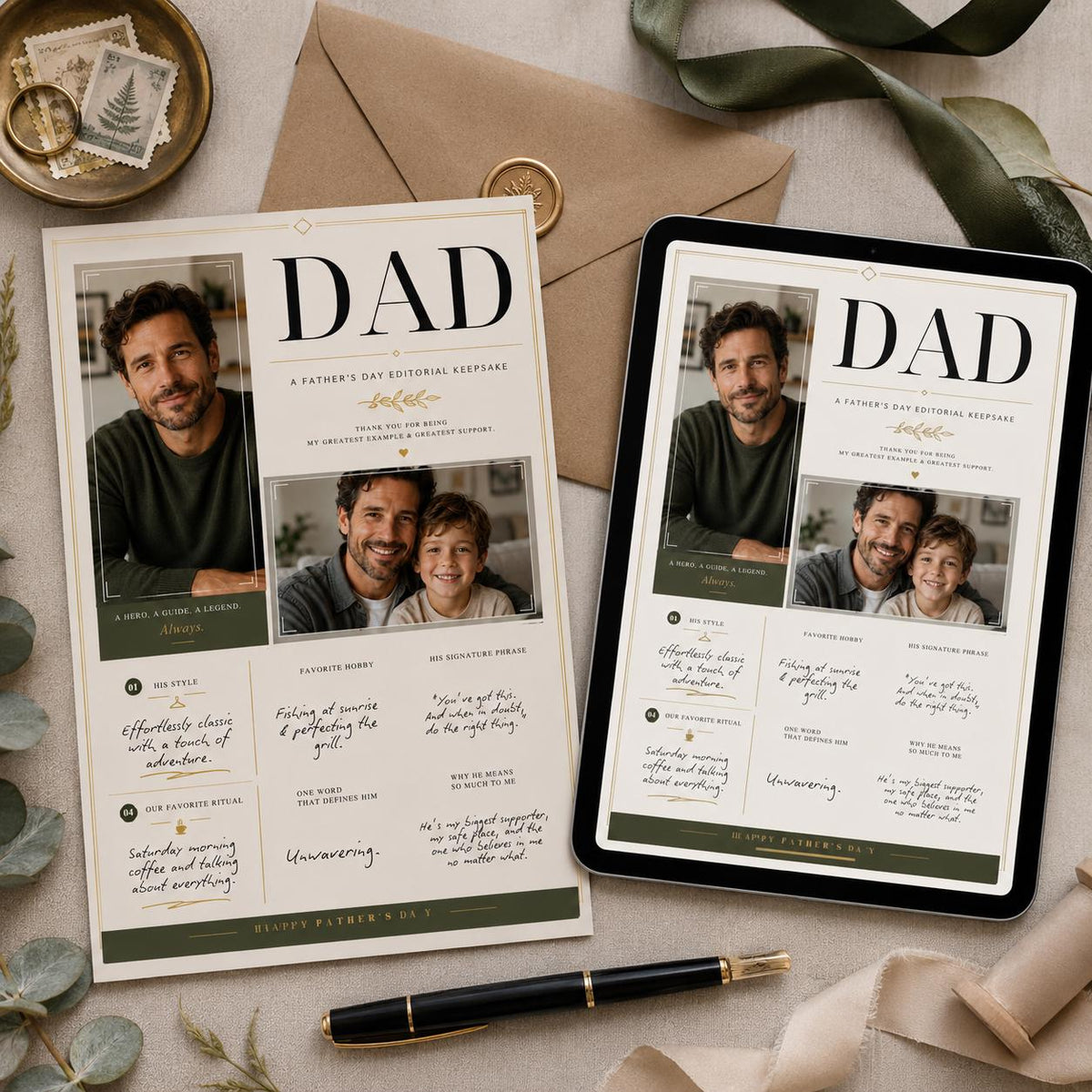 Editorial Dad Father's Day Photo Keepsake — digital keepsake printable, instant download