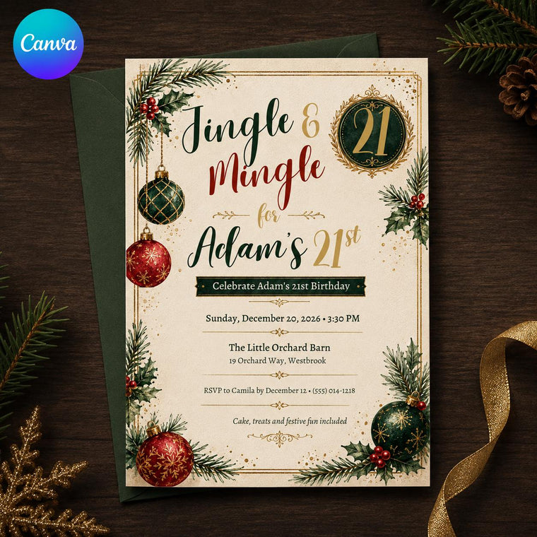 Elegant 21st Birthday Christmas Invitation