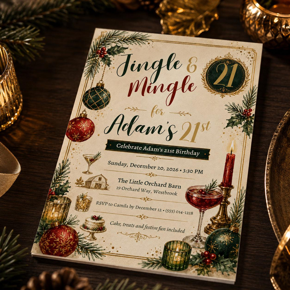 Elegant 21st Birthday Christmas Invitation — digital invitation, instant download