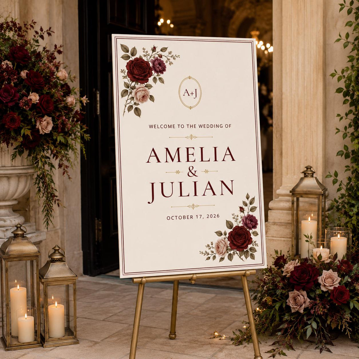 Elegant Burgundy Floral Wedding Welcome Sign — wedding stationery by VoltBy