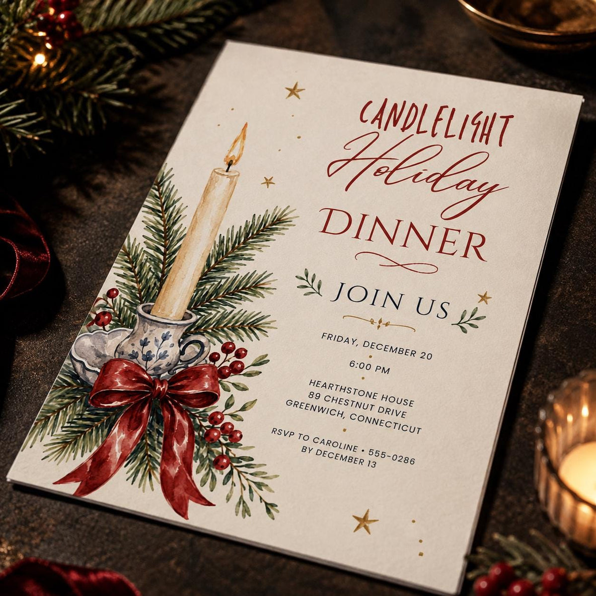 Elegant Candlelight Holiday Dinner Invitation — digital invitation, instant download