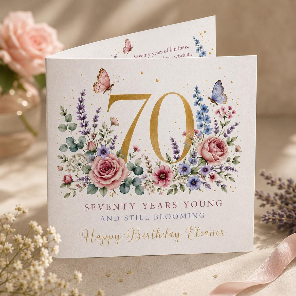 Elegant Floral 70th Birthday Greeting Card for Her — digital greeting card, instant download