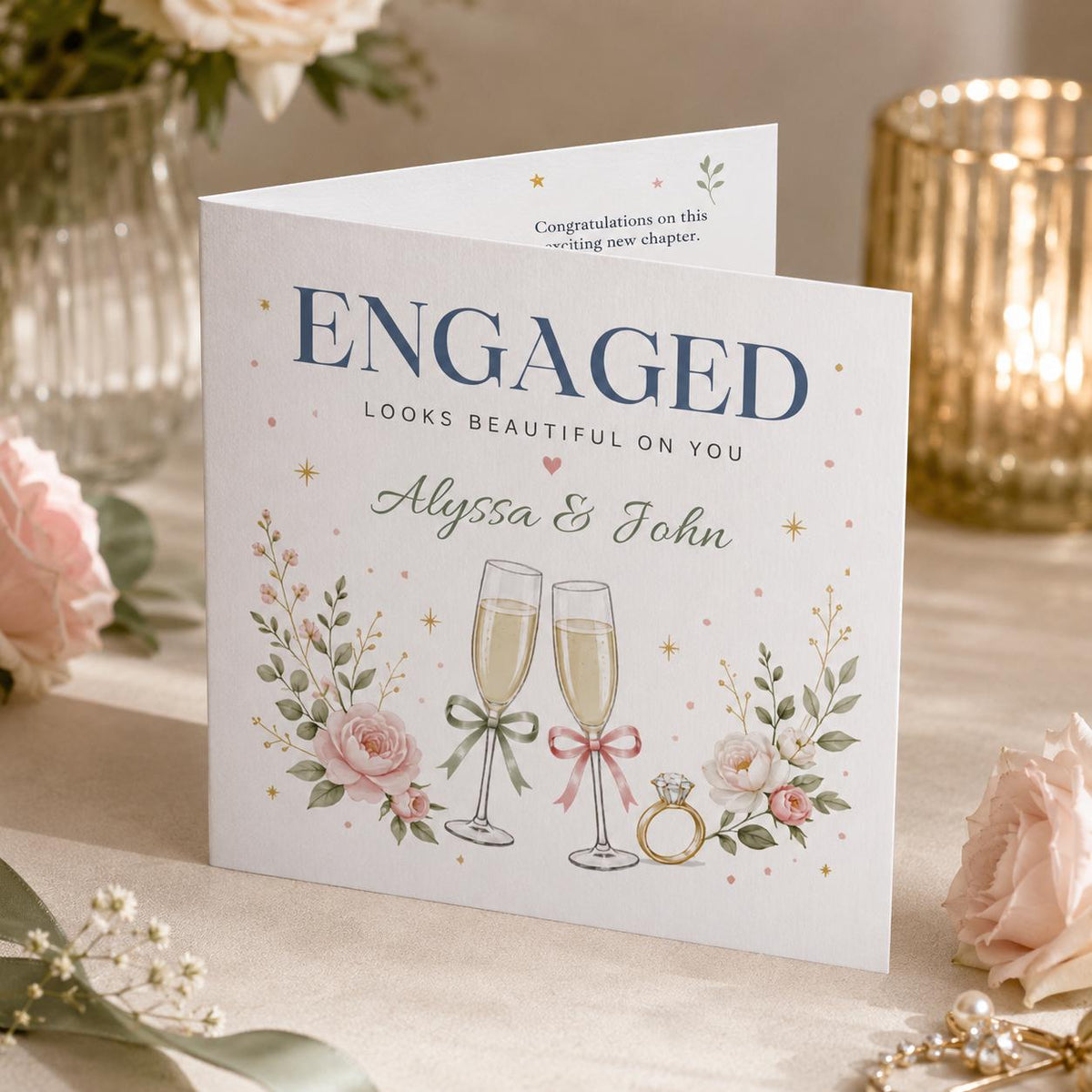 Elegant Floral Engagement Greeting Card for Couple — digital greeting card, instant download