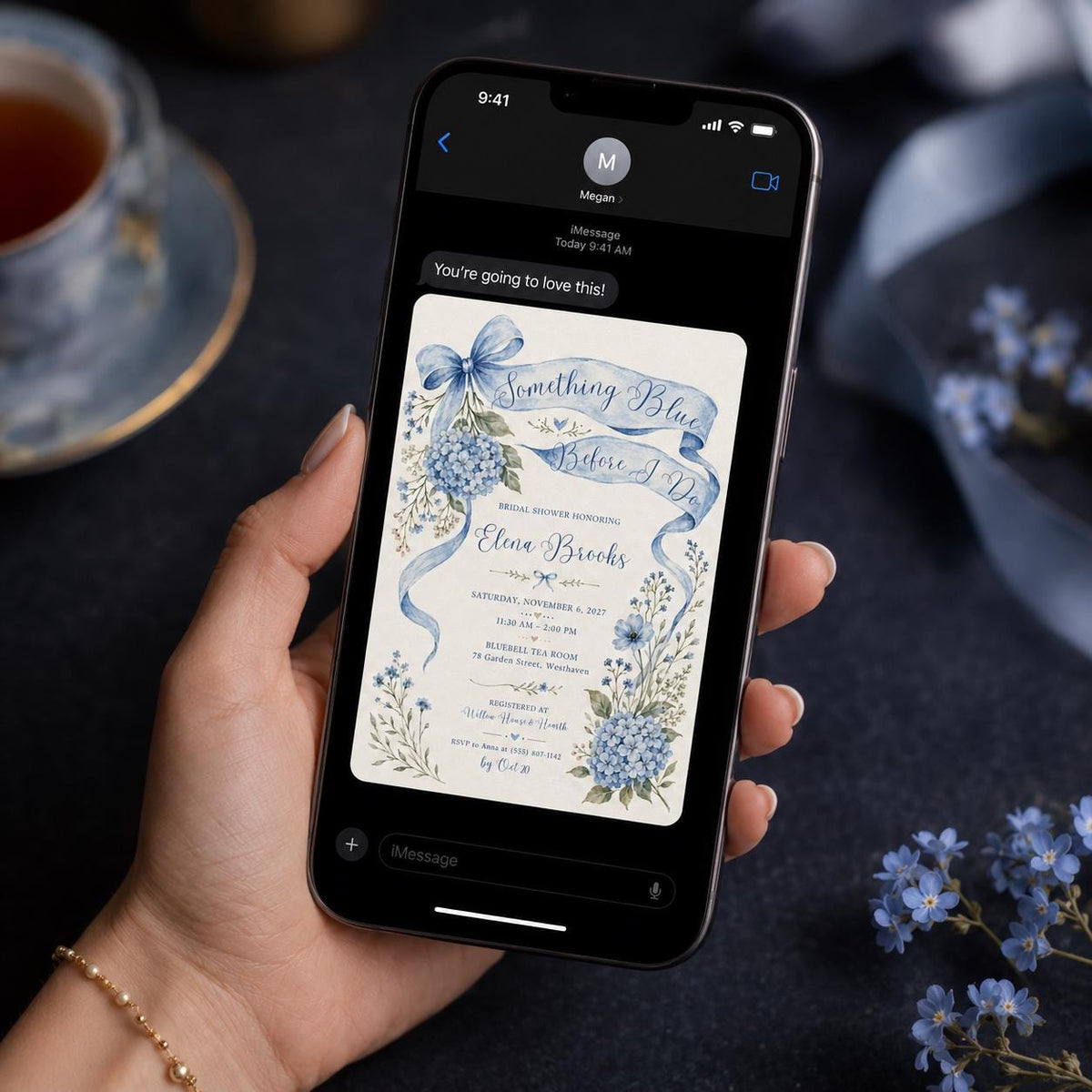 Elegant Floral Something Blue Bridal Shower Invitation — digital invitation, instant download