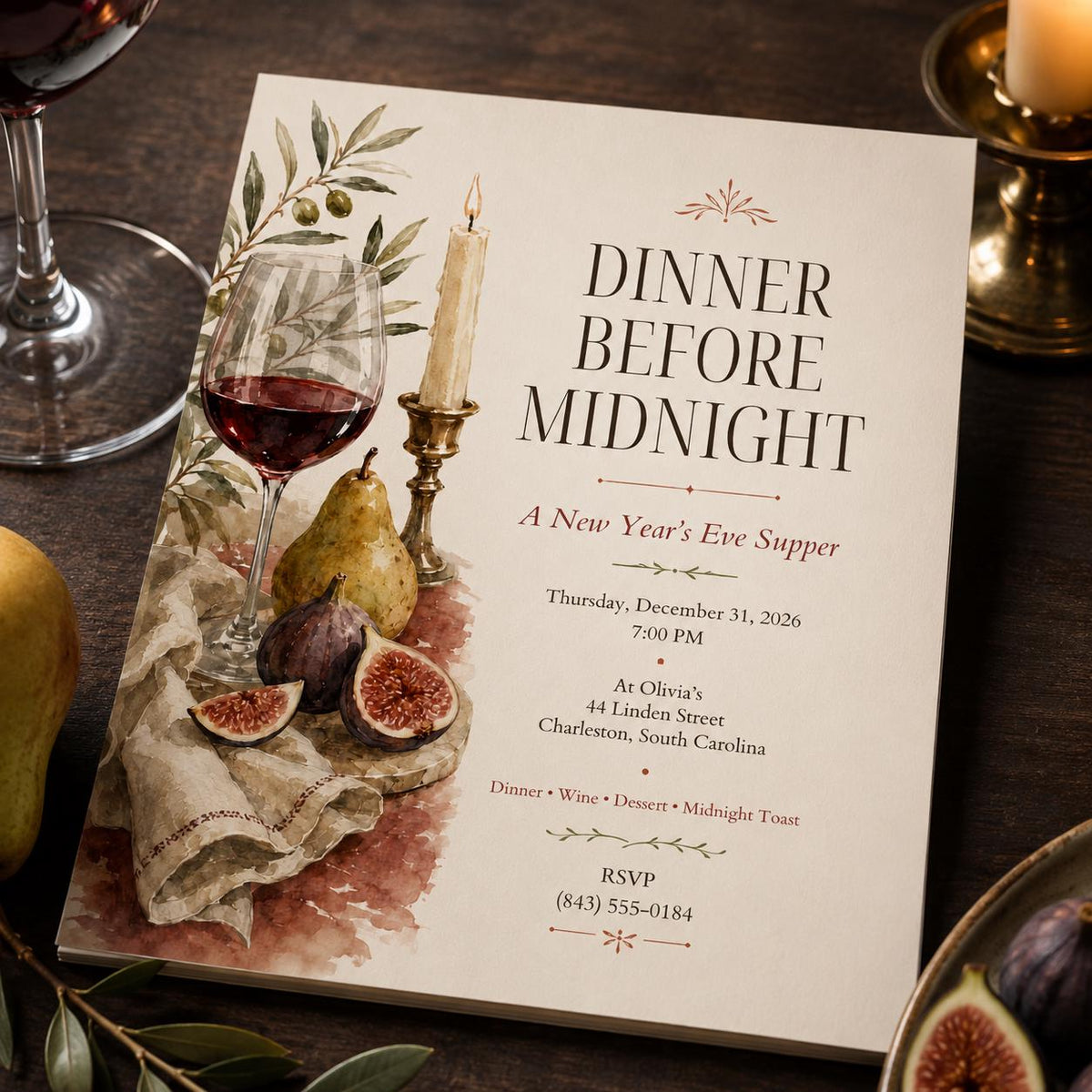 Elegant New Years Eve Dinner Invitation — digital invitation, instant download
