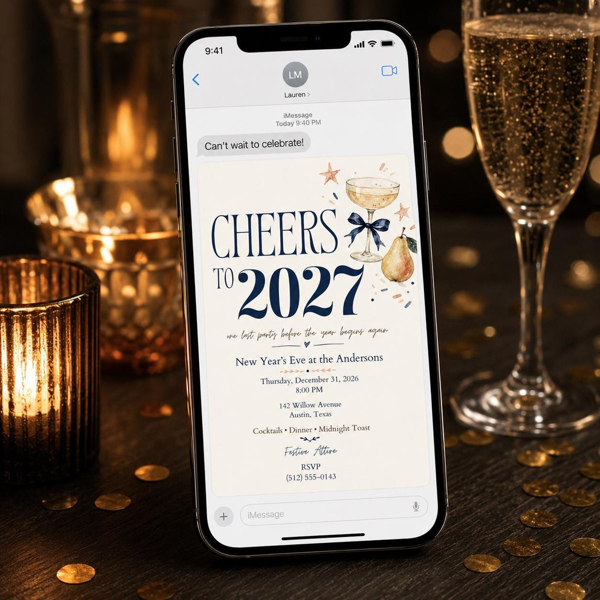 Elegant New Year's Eve Invitation — digital invitation, instant download