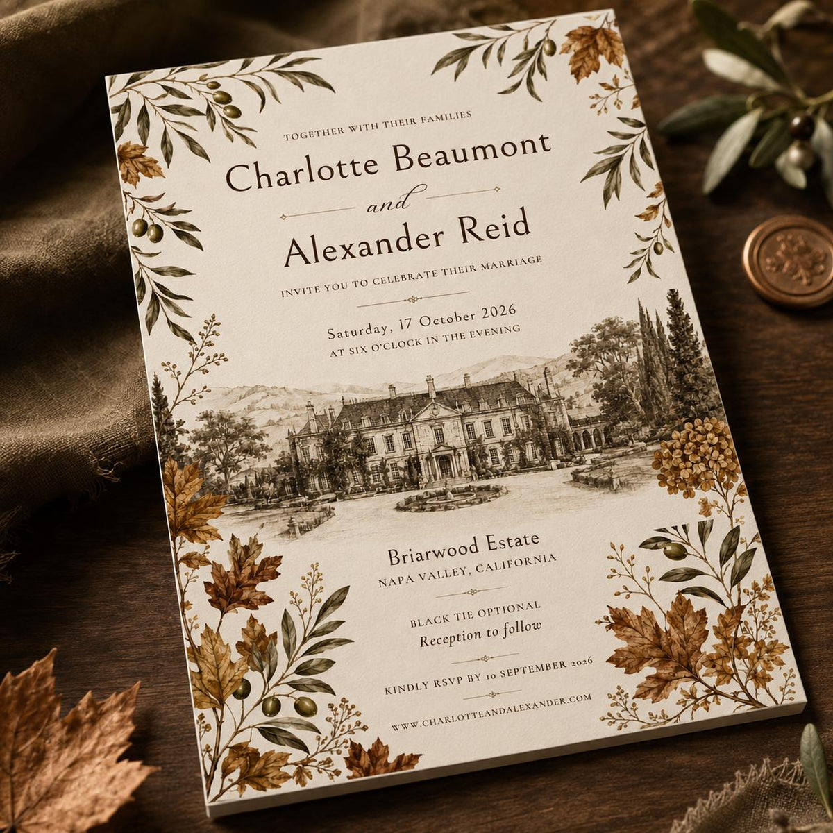Elegant Rustic Fall Wedding Invitation: Autumn Estate Venue Illustration — digital invitation, instant download