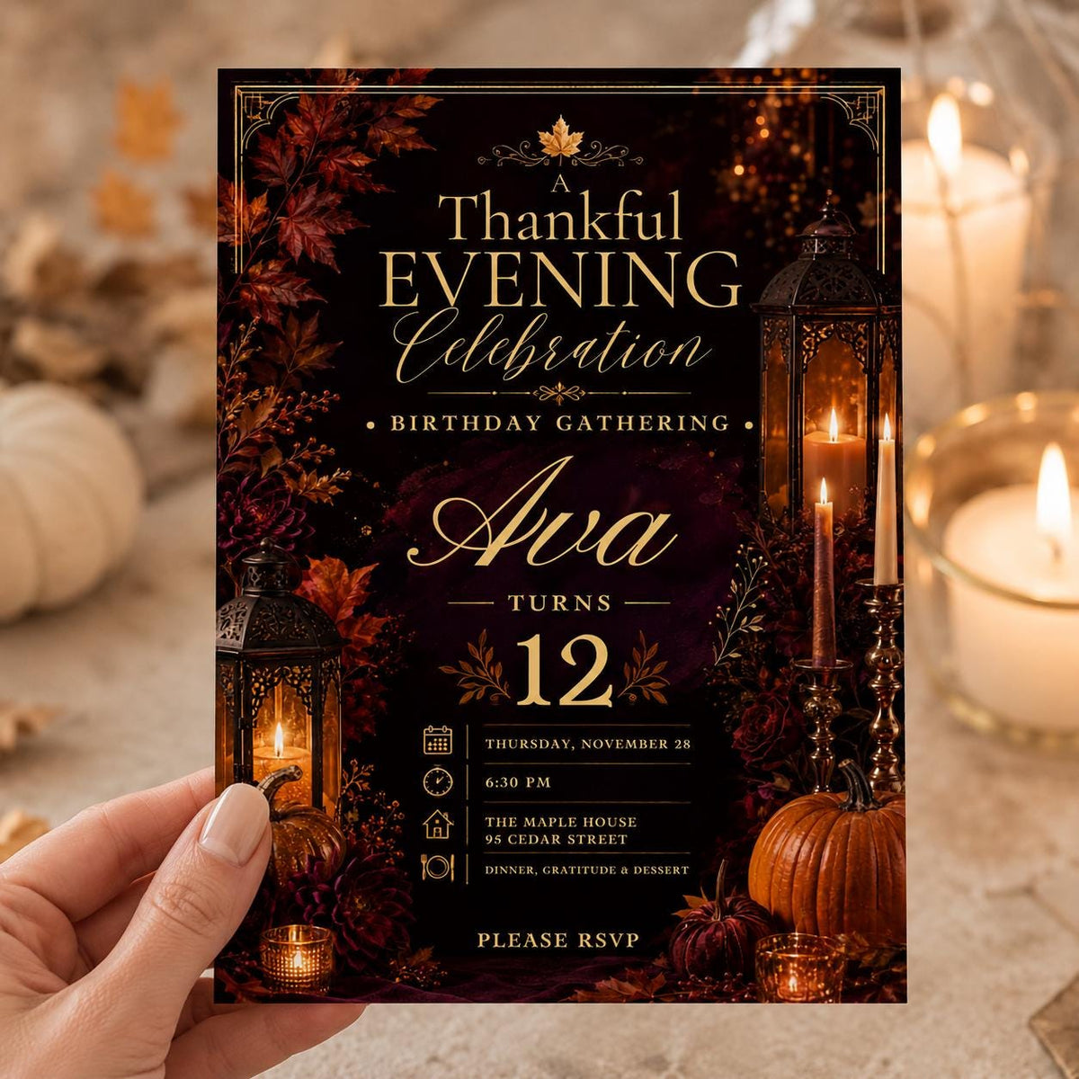 Elegant Thanksgiving Birthday Invitation — birthday party stationery by VoltBy