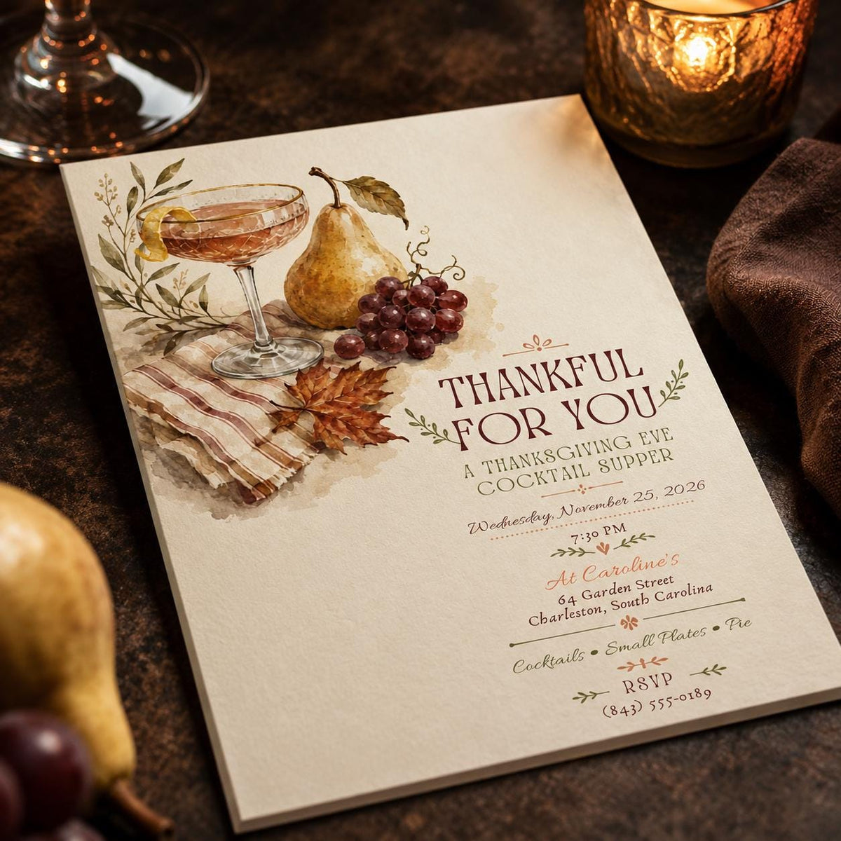 Elegant Thanksgiving Cocktail Party Invitation — Thanksgiving gathering stationery by VoltBy