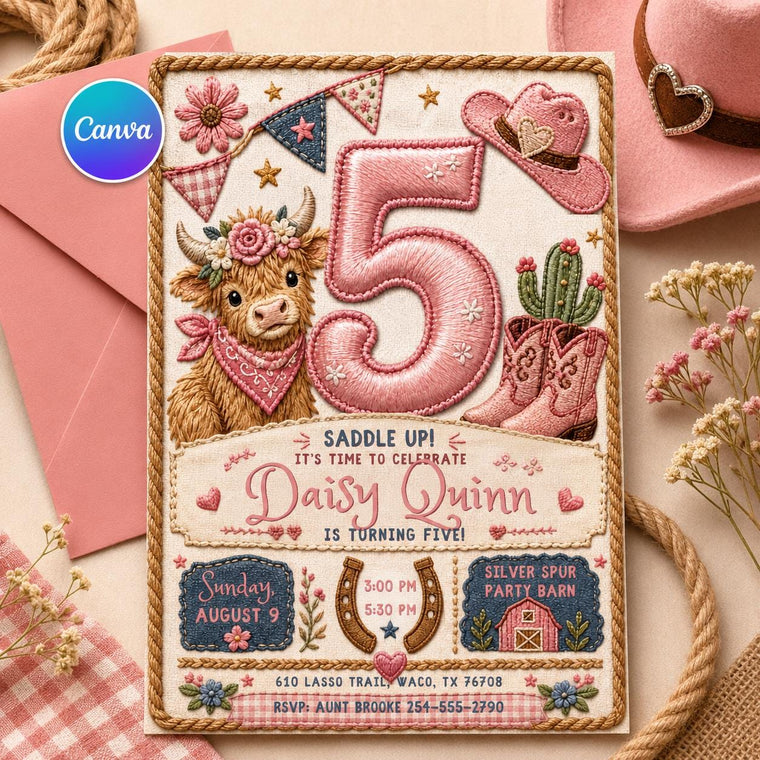 Embroidered Pink Number Five Cowgirl Birthday Invitation