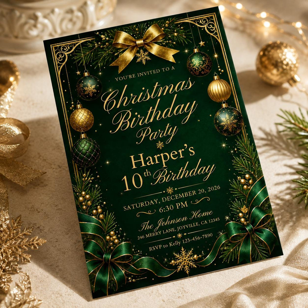 Emerald Green and Gold Christmas 10th Birthday Invitation — digital invitation, instant download