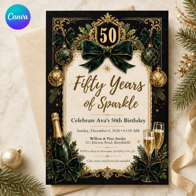 Emerald Green and Gold Christmas 50th Birthday Invitation