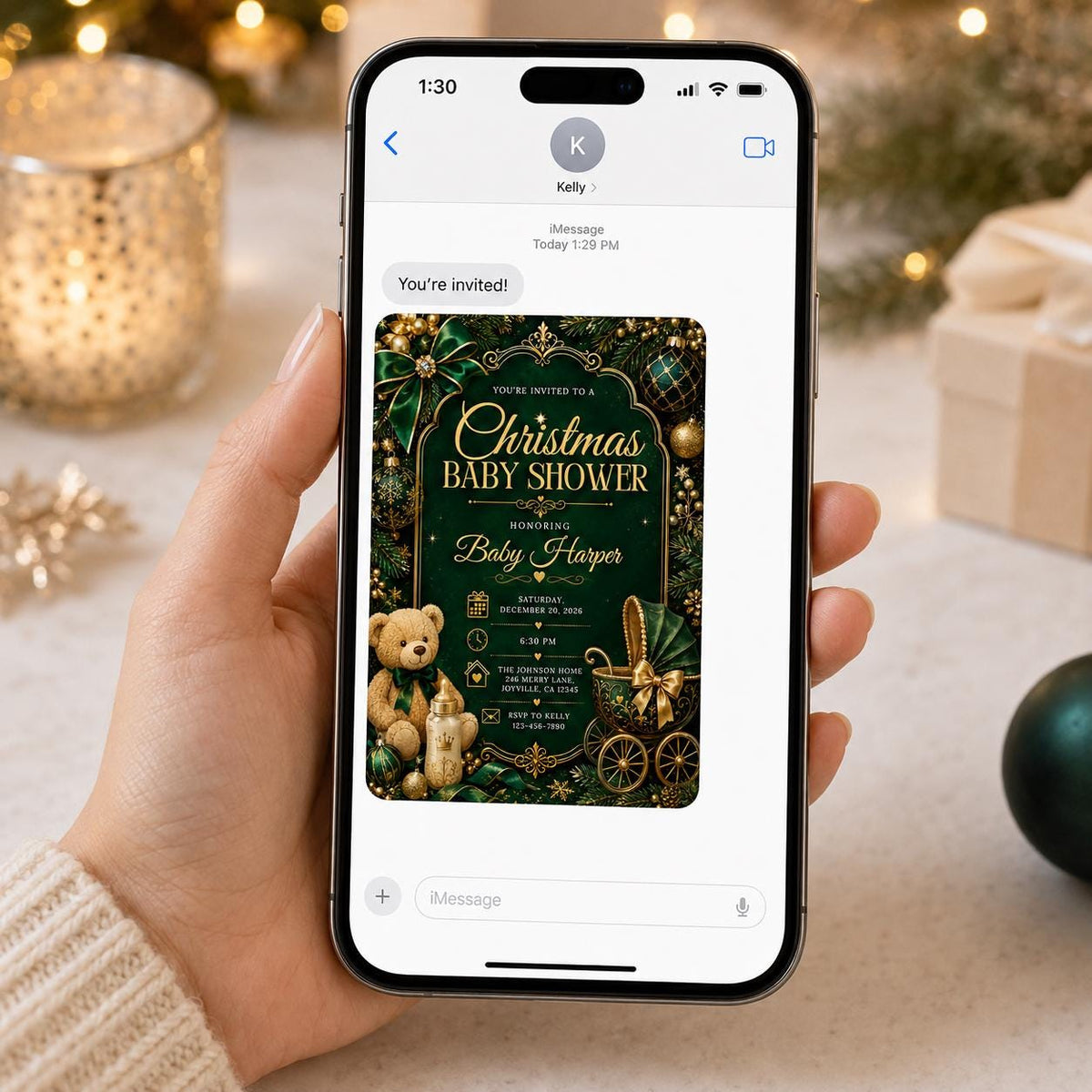 Emerald Green and Gold Christmas Baby Shower Invitation — print-ready baby shower design from VoltBy