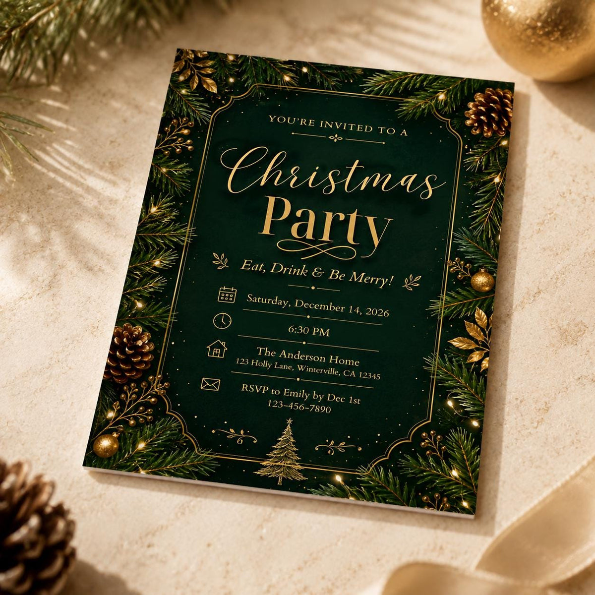 Emerald Green and Gold Christmas Party Invitation — digital invitation, instant download