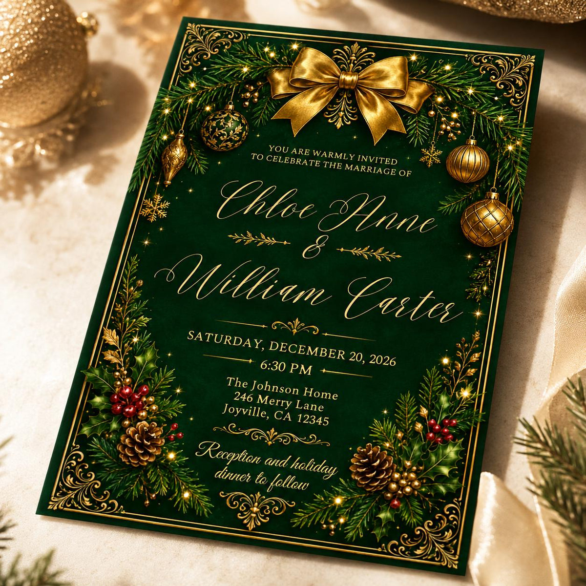 Emerald Green and Gold Christmas Wedding Invitation — digital invitation, instant download