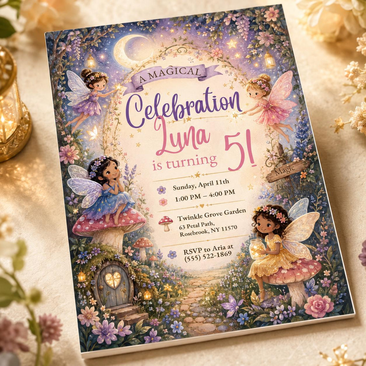 Fairy 5th Birthday Invitation for Girls — digital invitation, instant download