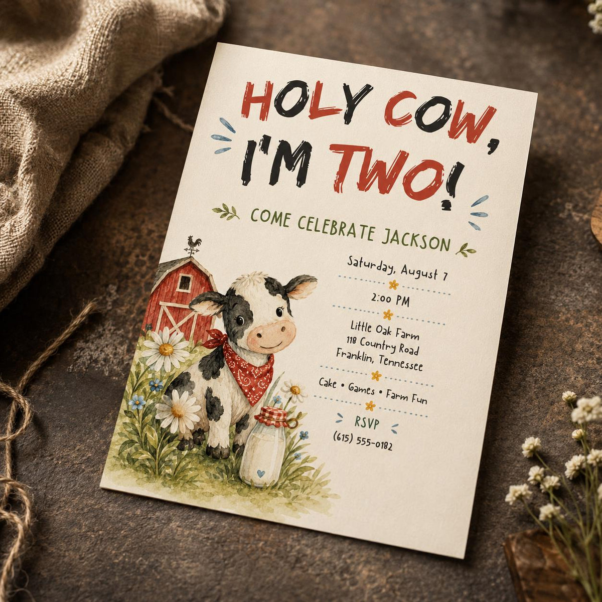 Farm Holy Cow I'm Two Birthday Invitation — 2nd birthday party stationery by VoltBy